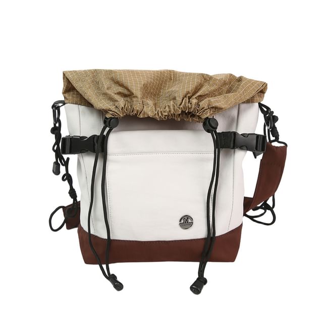 Plaid Panel Buckled Drawstring Crossbody Bag
