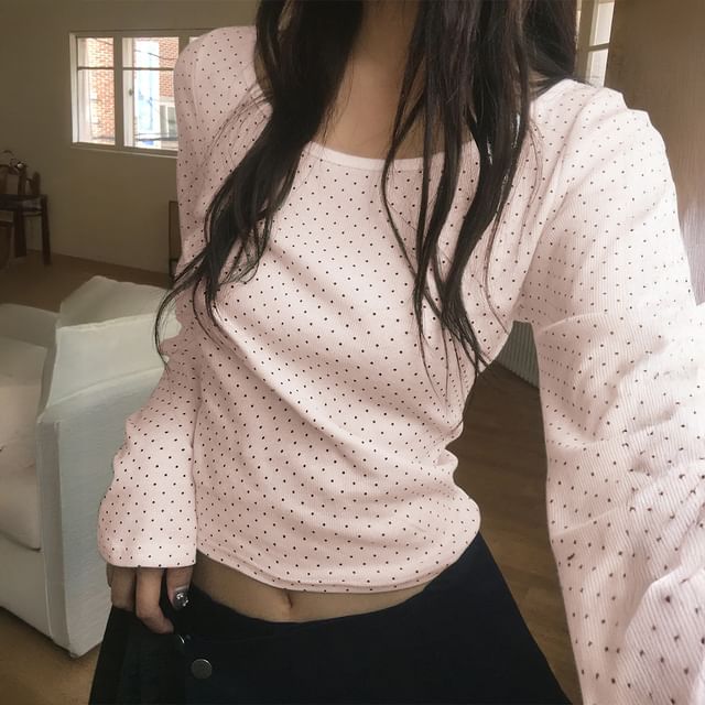 Long Sleeve Polka Dot Fitted Tee