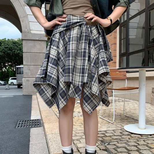 High-Rise Plaid Tie Front A-Line Skirt