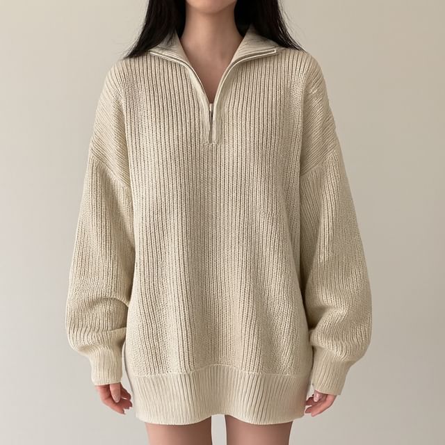 Oversized Half-Zip Ribbed Knit Sweater