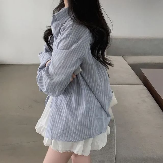 Long-Sleeve Striped Collared Button-Down Shirt