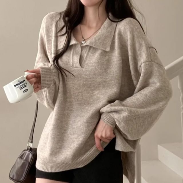Drop Shoulder Collared Solid Knit Sweater