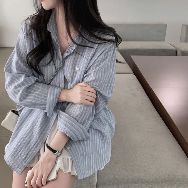 Long-Sleeve Striped Collared Button-Down Shirt
