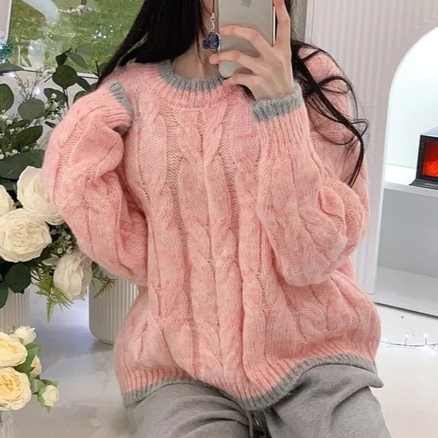 Crew Neck Contrast Trim Cable Knit Sweater