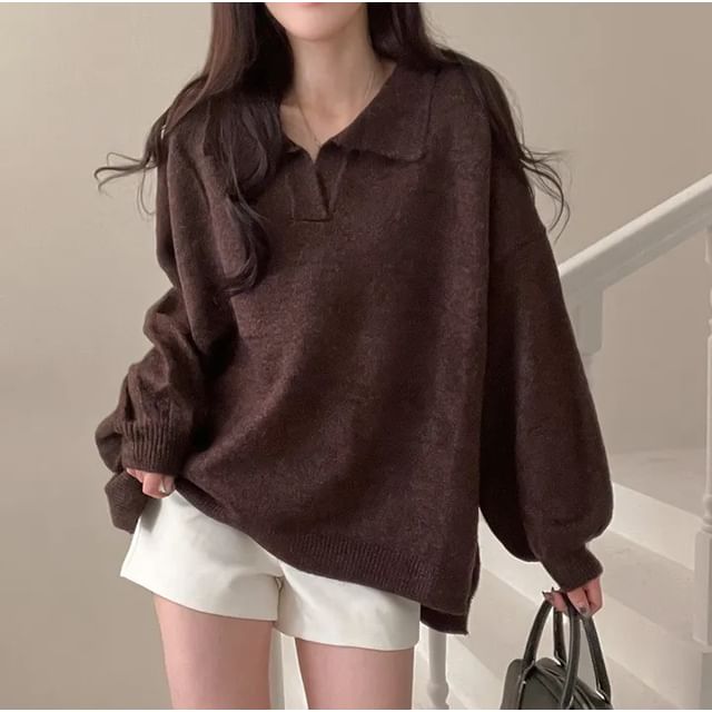 Drop Shoulder Collared Solid Knit Sweater