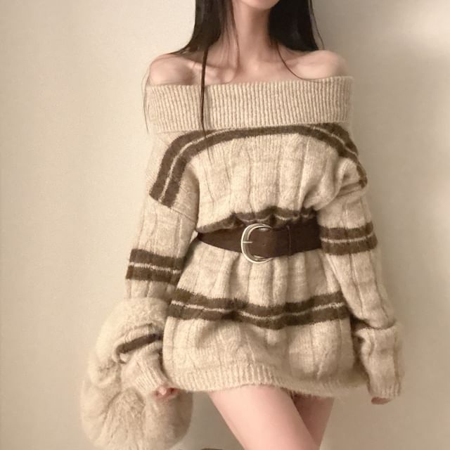 Off-Shoulder Striped Ribbed Knit Sweater with Belt Set
