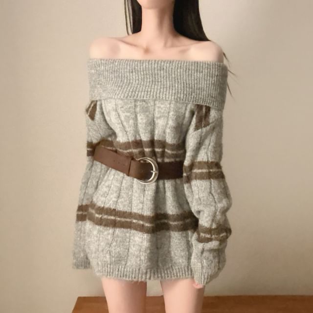 Off-Shoulder Striped Ribbed Knit Sweater with Belt Set