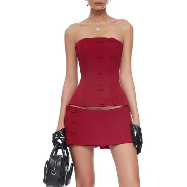 Button-Accented Tube Top with Low-Rise Mini Skort Set