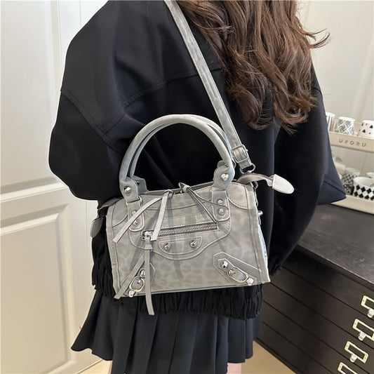 Leopard Patterned Studded Panel Crossbody Shoulder Bag