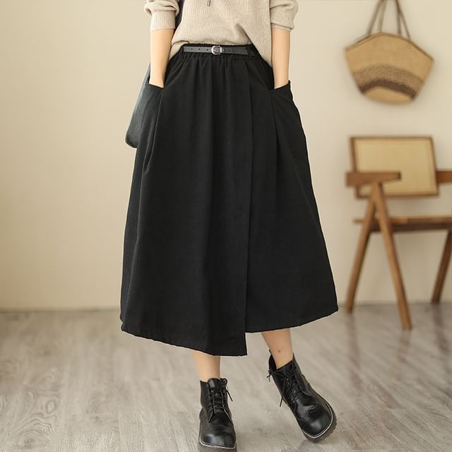 Elastic Waist Asymmetrical Midi Skirt with Belt Set