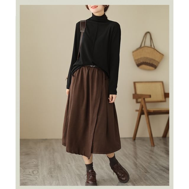 Elastic Waist Asymmetrical Midi Skirt with Belt Set