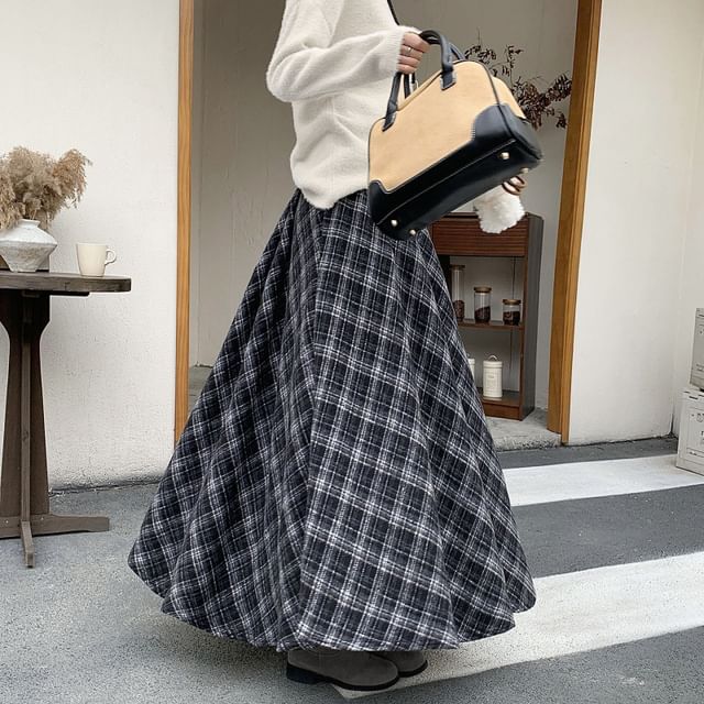 High-Waist Plaid Maxi A-Line Skirt
