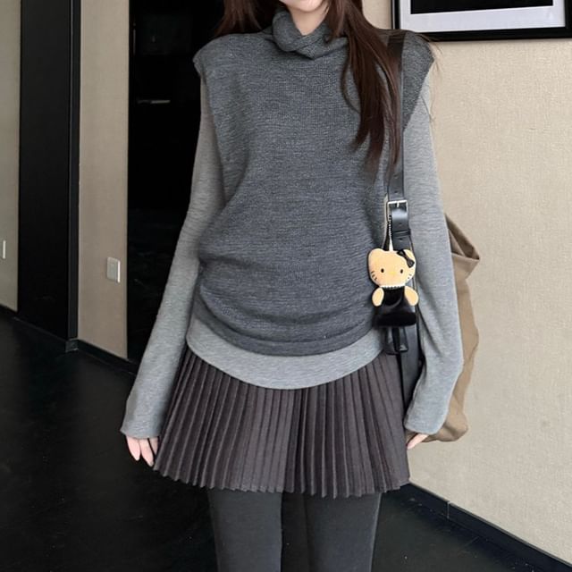 Sleeveless Sweater Vest & Long-Sleeve Tee & Pleated Mini Skirt Set