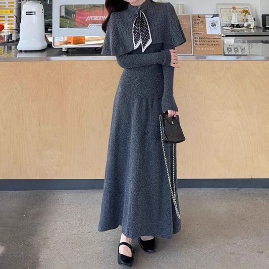 Long-Sleeve Knit Top & Tie Neck Cape & Maxi Skirt Set