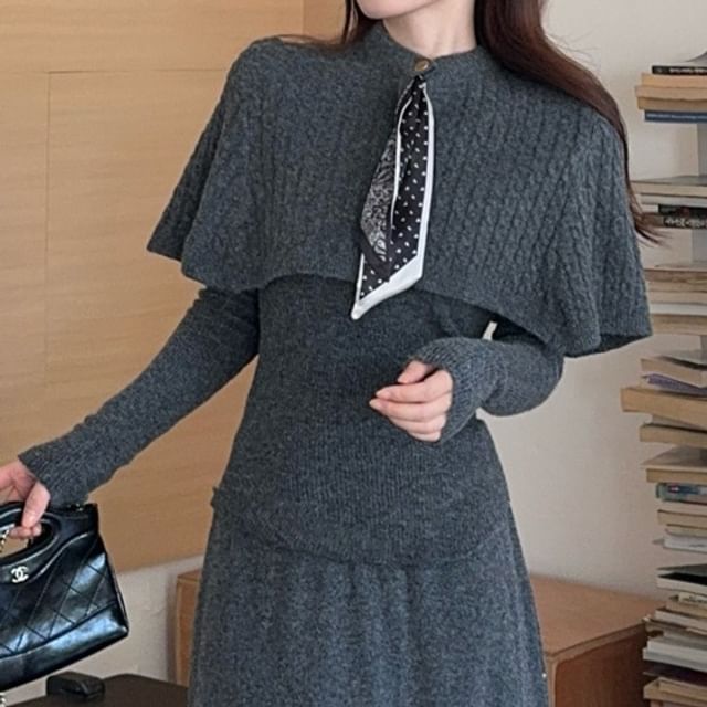 Long-Sleeve Knit Top & Tie Neck Cape & Maxi Skirt Set
