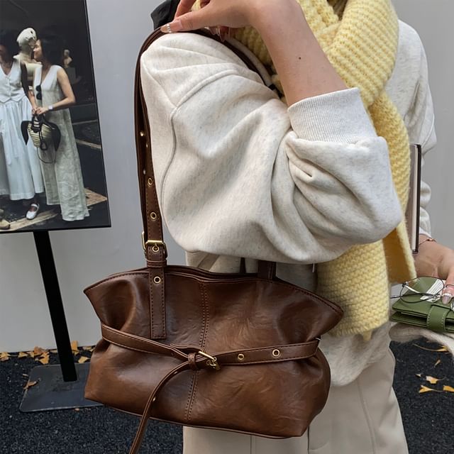 Belted Faux Leather Shoulder Bag