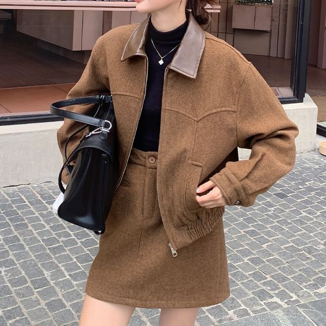 Faux Leather Zip Jacket and Mini A-Line Skirt Set