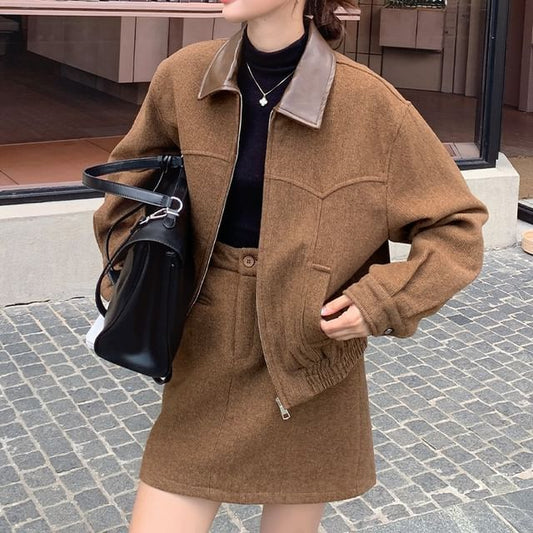 Faux Leather Zip Jacket and Mini A-Line Skirt Set