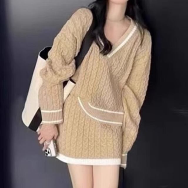 Matching Set: Striped Cable Knit V-Neck Sweater & High-Waist Pencil Skirt