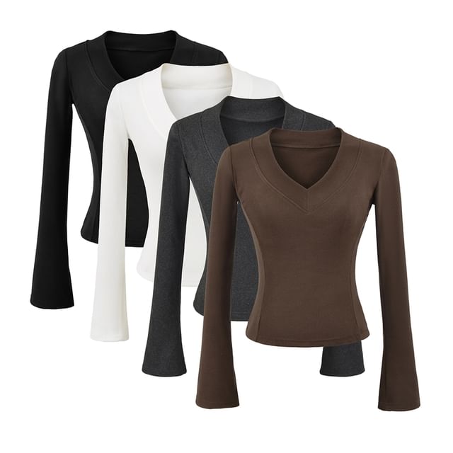 Classic V-Neck Long-Sleeve Solid Tee with Relaxed Fit