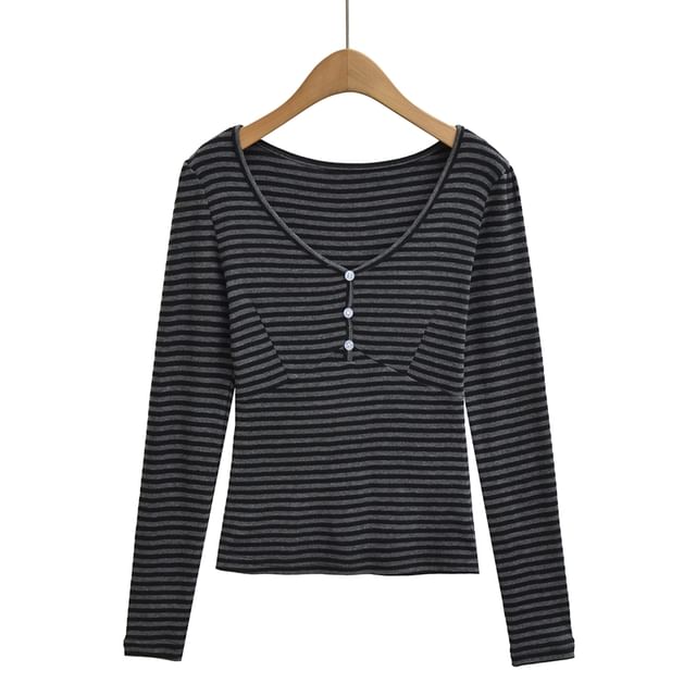 Striped Button-Front V-Neck Long-Sleeve Shirt