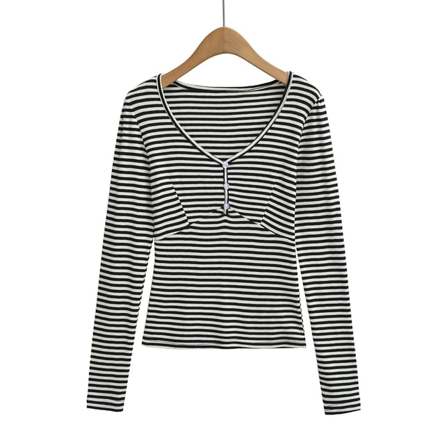 Striped Button-Front V-Neck Long-Sleeve Shirt