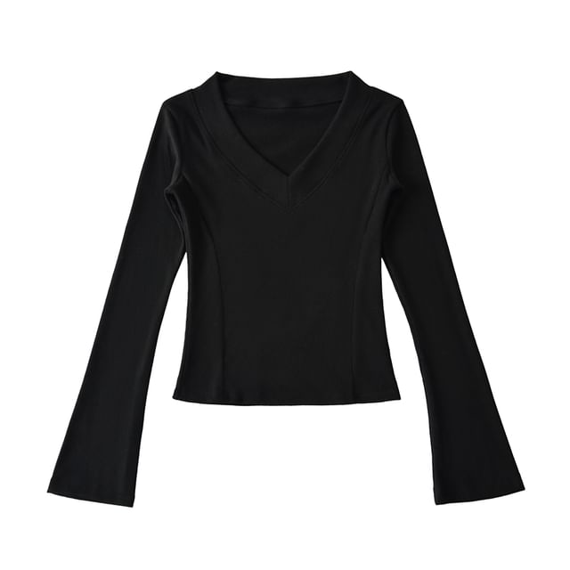 Classic V-Neck Long-Sleeve Solid Tee with Relaxed Fit