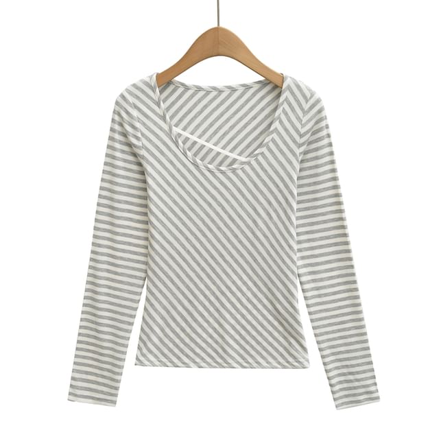 Striped Crew Neck Long-Sleeve Knit Tee with Scoop Collar