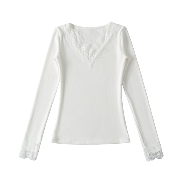 Lace Panel V-Neck Long-Sleeve Blouse with Sheer Insets