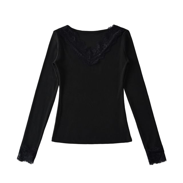 Lace Panel V-Neck Long-Sleeve Blouse with Sheer Insets
