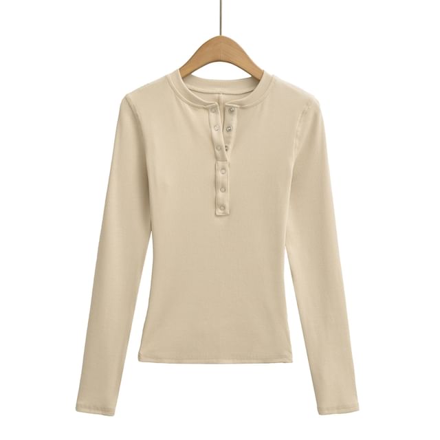 Henley Neck Plain Long-Sleeve Knit Tee with Button Placket