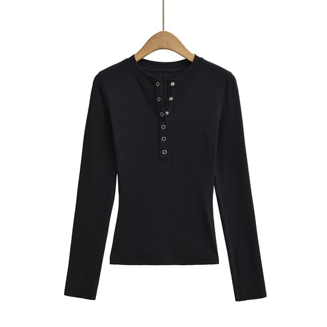 Henley Neck Plain Long-Sleeve Knit Tee with Button Placket