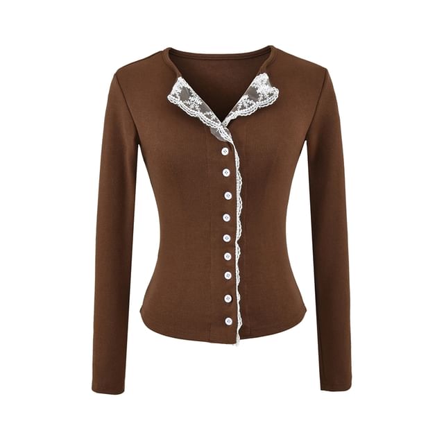 Open Placket Lace-Trimmed Long-Sleeve Blouse with Buttons