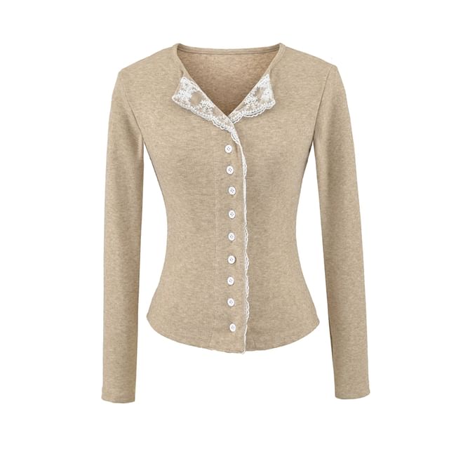 Open Placket Lace-Trimmed Long-Sleeve Blouse with Buttons