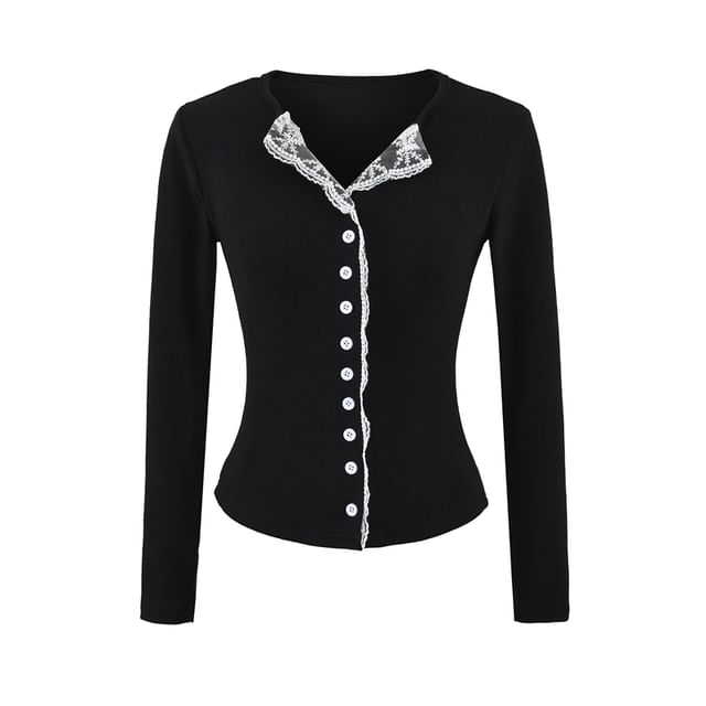Open Placket Lace-Trimmed Long-Sleeve Blouse with Buttons