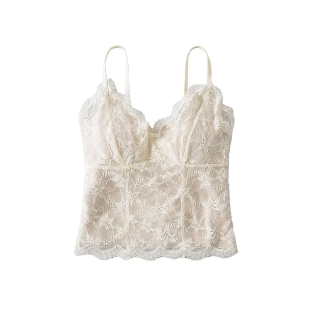 Padded Lace Overlay V-Neck Cami with Plunge Detail