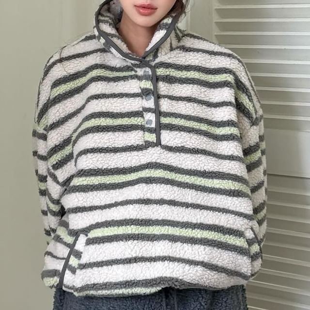Collared Striped Fleece Sweatshirt with Button Front