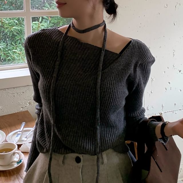 Asymmetrical Neck Ribbed Knit Long-Sleeve Top with Twist