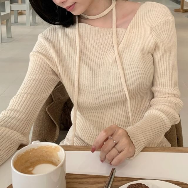 Asymmetrical Neck Ribbed Knit Long-Sleeve Top with Twist