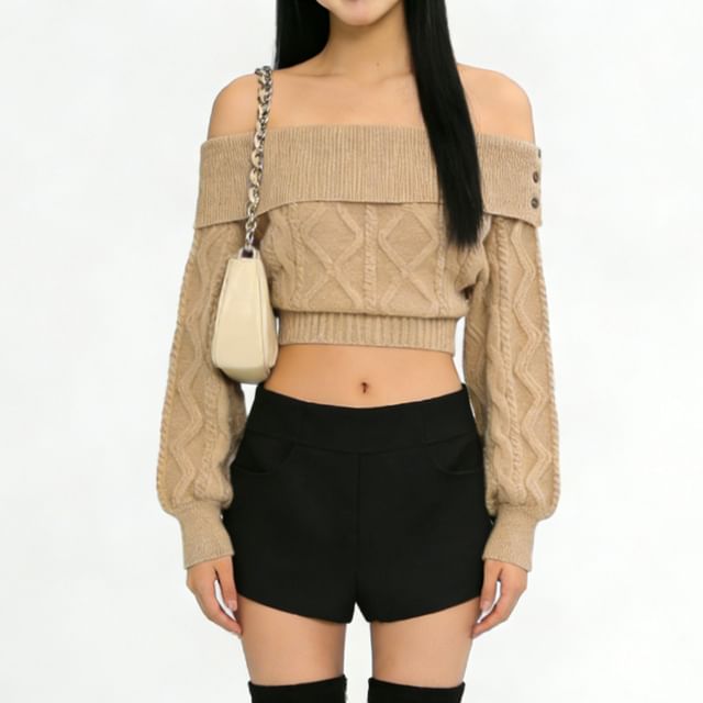 Cropped Off-Shoulder Cable Knit Pullover