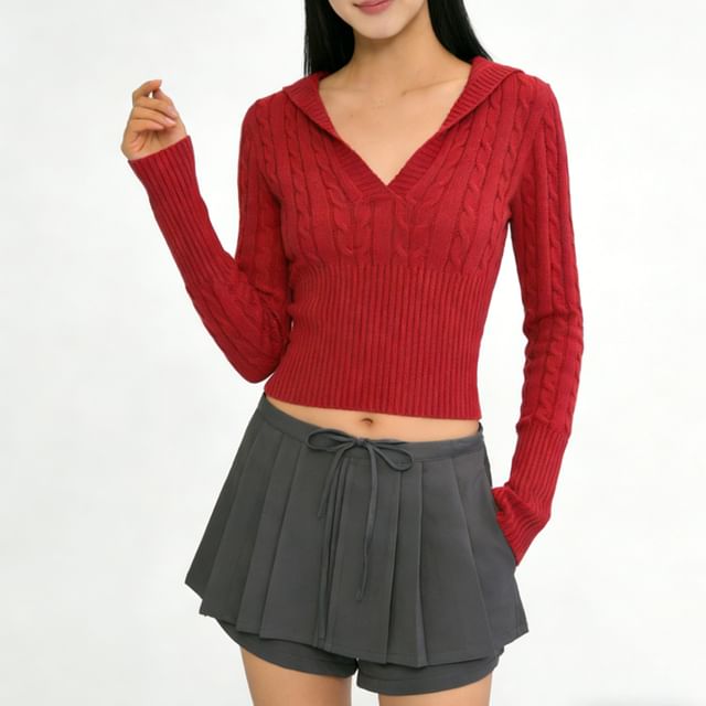 V-Neck Cable Knit Crop Sweater with Long Sleeves