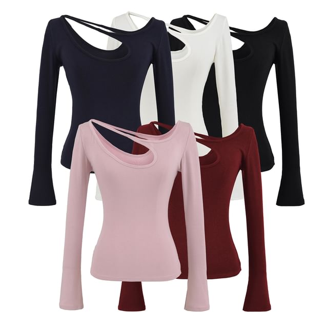 Cutout Detail Long-Sleeve Fitted Top with Eyelet Design
