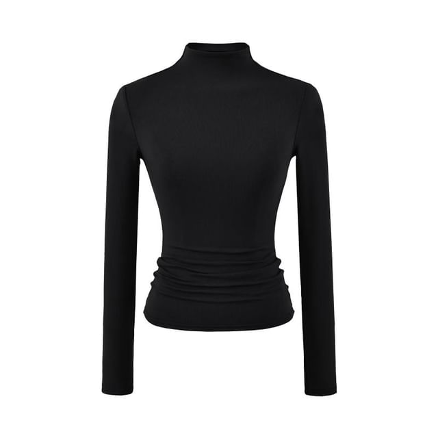 Mock Neck Long-Sleeve Solid Knit Tee with Ribbed Texture