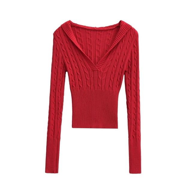 V-Neck Cable Knit Crop Sweater with Long Sleeves
