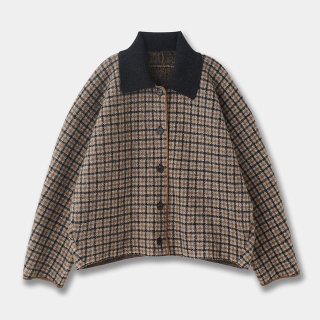 Contrast Collar Plaid Wool Jacket & Mini Skirt Set