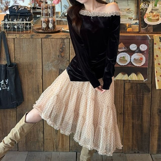 One-Shoulder Velvet Blouse & Tiered Midi Skirt Set