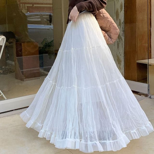 High-Waist Tiered Mesh Maxi Skirt