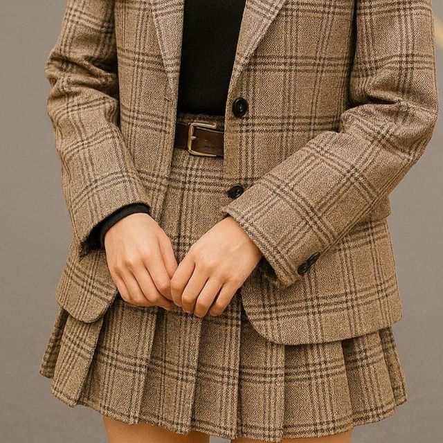 Plaid Pleated Mini Skirt & One-Button Blazer Set