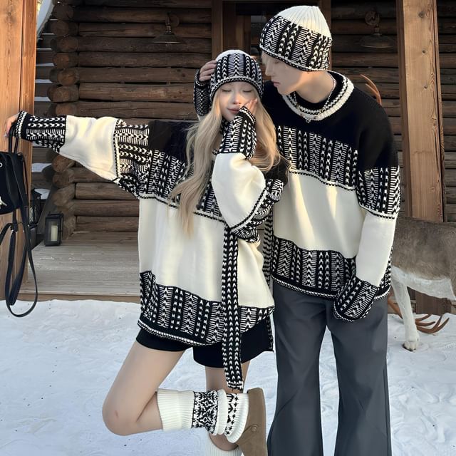 Couples' Round Neck Jacquard Knit Set with Beanie & Scarf