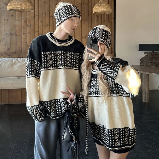 Couples' Round Neck Jacquard Knit Set with Beanie & Scarf